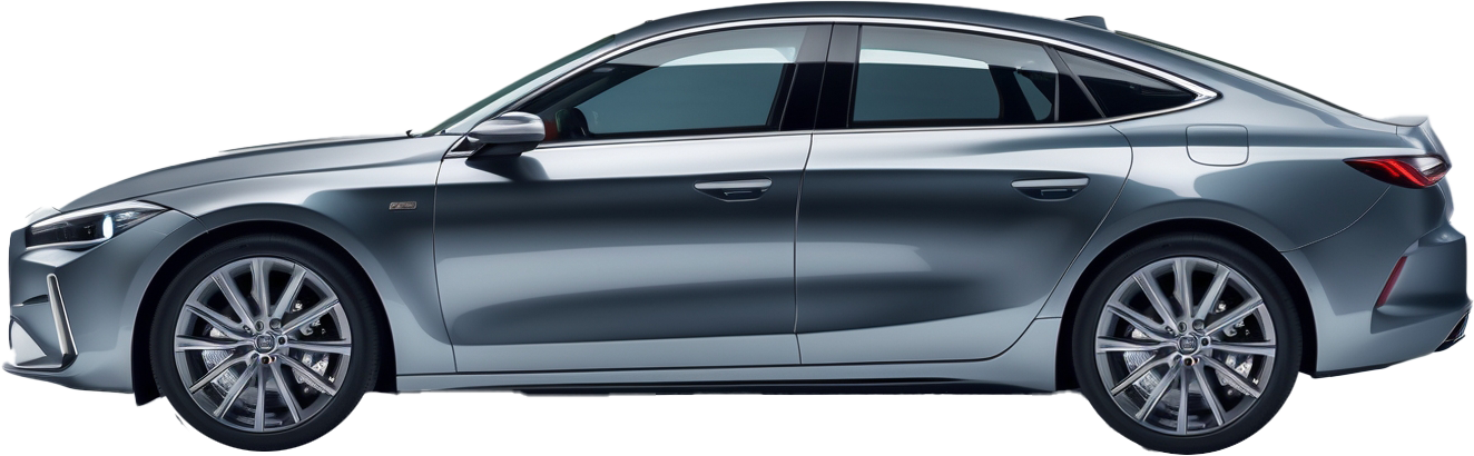 Sleek teal-blue electric sedan, 3/4 front angle