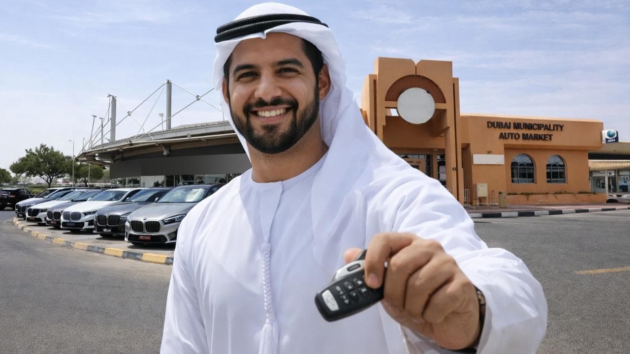 A customer receiving car keys at the Ras Al Khor Car Market, a major destination in the wider Dubai Car Market.